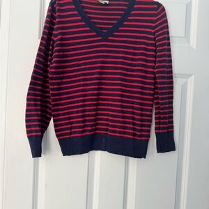LOFT Navy and Red Striped V-Neck Sweater - Classic Breton Look